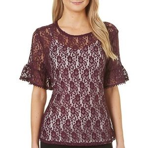 NWT Harve Benard Burgundy Lace Ruffle Sleeve Blouse M Sheer Stretch Top